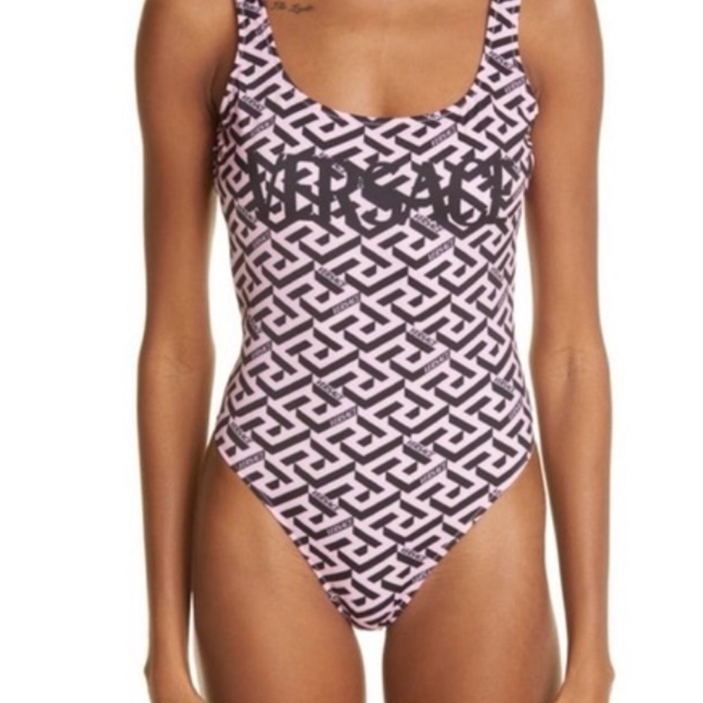 Versace Black and Pink Greca One-Piece Swimsuit